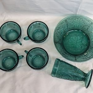Set of 6 Indiana Tiara exclusive spruce green glass bowl, cups and footed glass